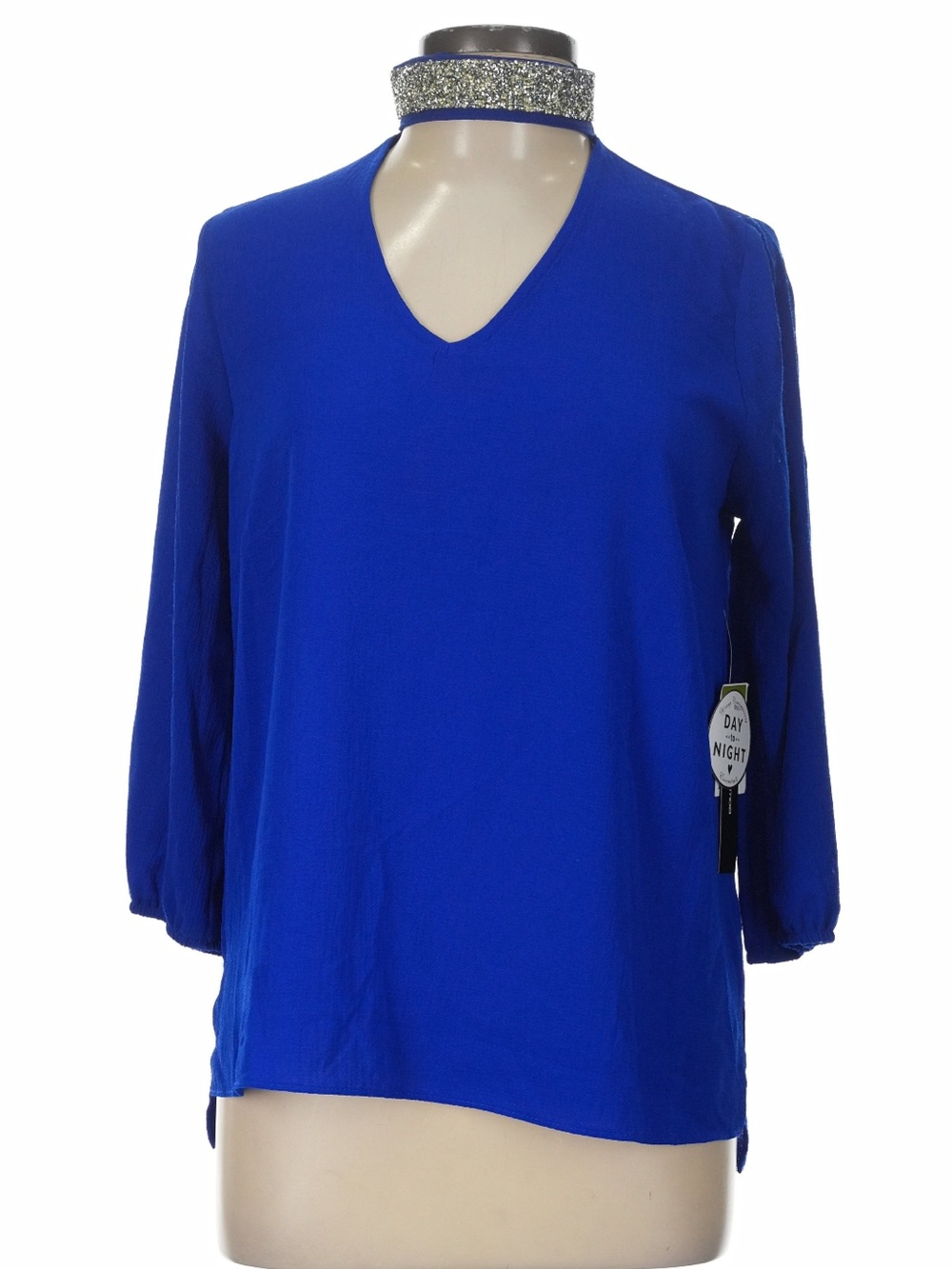 Moa Moa V-Neck Long Sleeve Blouse in Royal Blue. Sparkle neck